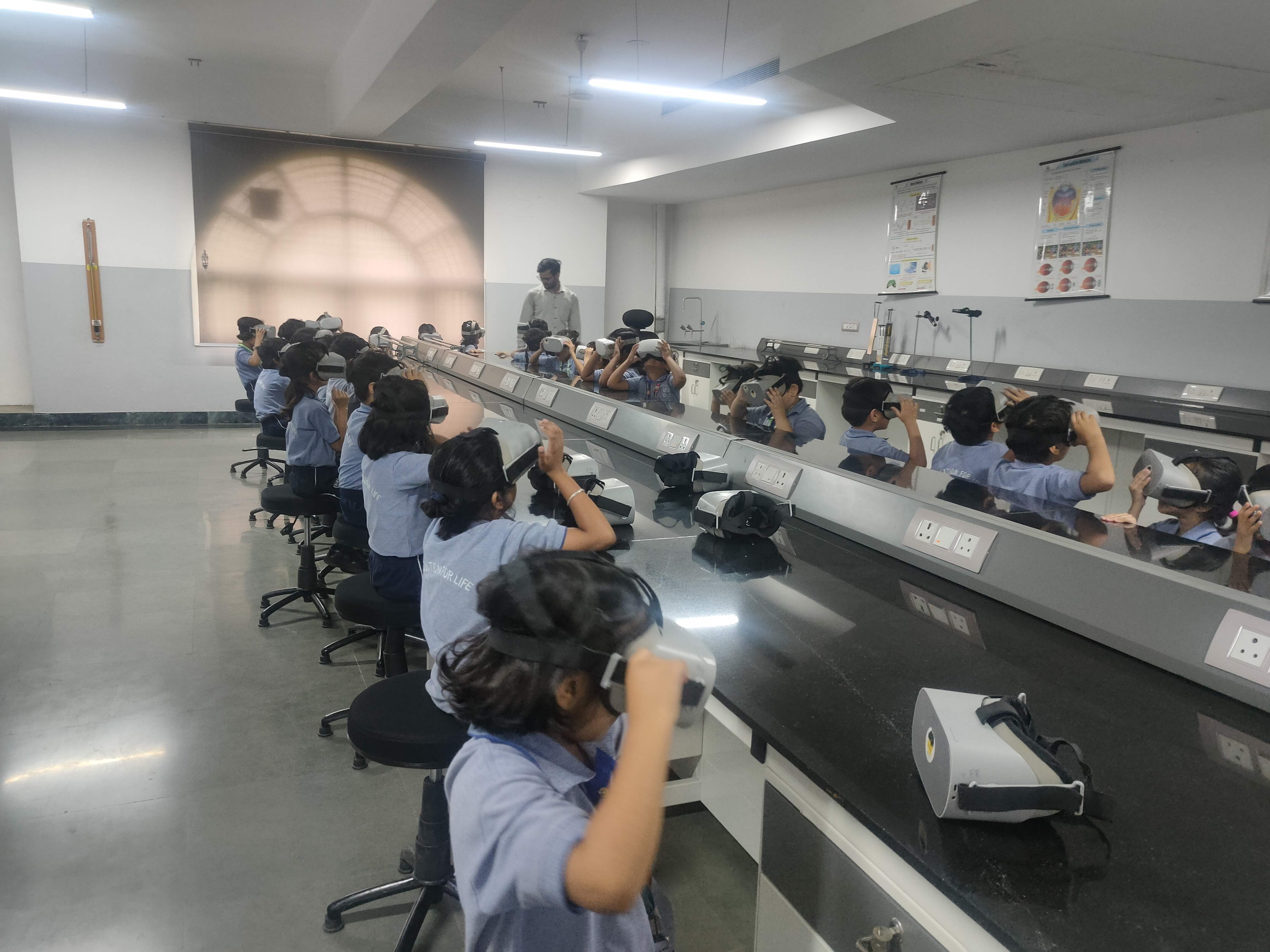 Students experiencing a guided virtual reality session