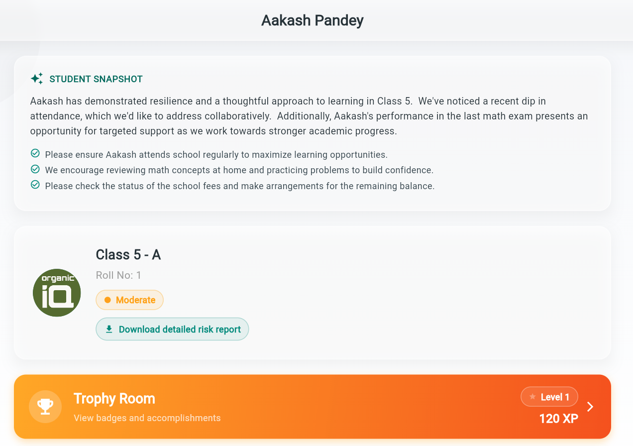 SchoolPulse student snapshot, risk report, and achievement view for parents